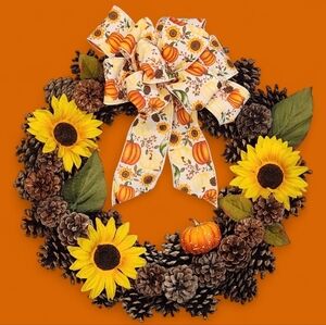 Pinecone Wreath with Sunflowers Pumpkin Bow